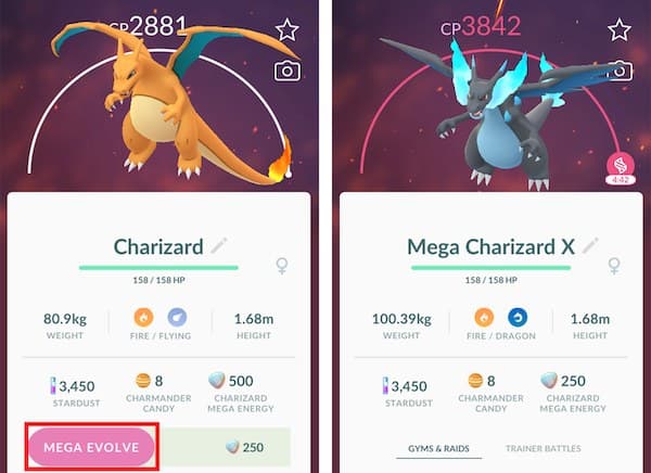 ポケモン詳細ページの「メガシンカ」ボタンとメガエナジー。メガシンカ前のリザードン(通常)とメガシンカ後のメガリザードンXの比較画面(Niantic公式ヘルプセンターより)