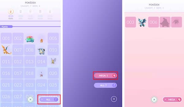 ポケモン図鑑を「メガ」フィルターで絞り込んだ画面。通常の「ALL」表示とメガ限定の「MEGA」表示を切り替えられる(Niantic公式ヘルプセンターより)